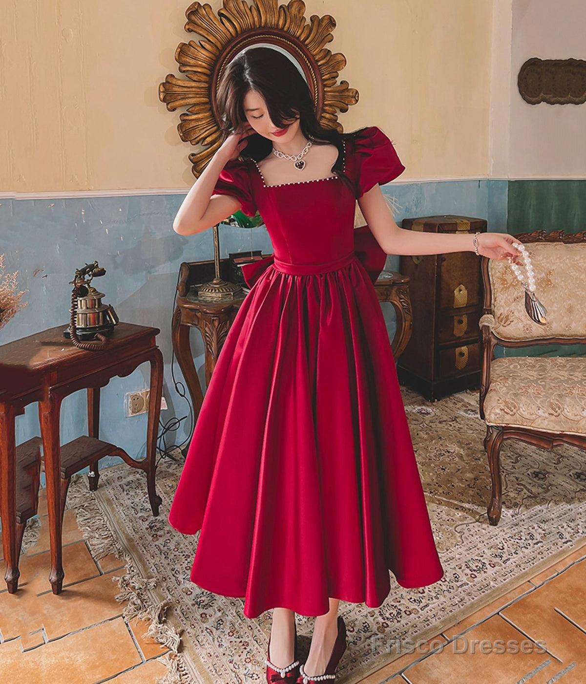 Burgundy Satin Short Prom Dress, Cute A-Line Party Dress with Bow Main image