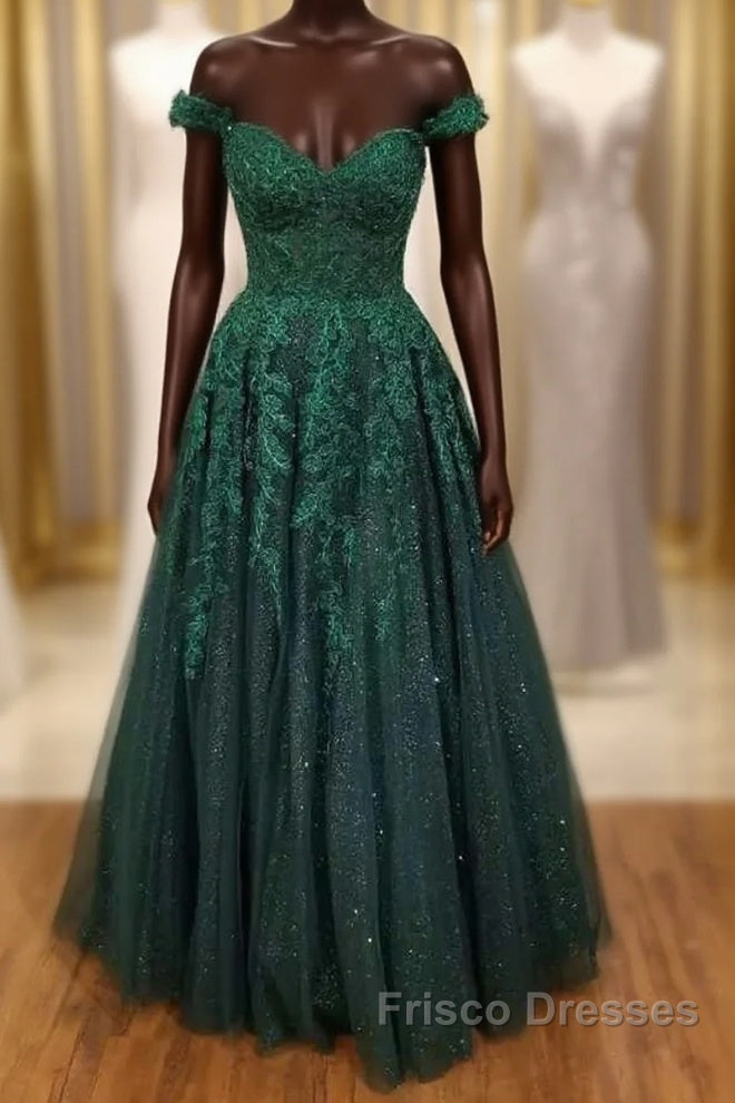 Off-the-Shoulder Cheap Hunter Green Formal Dress Floral Appliques Formal Prom Dress Main image