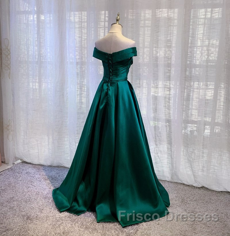 Satin Emerald Green Pleated A-Line Off-shoulder Formal Prom Dress