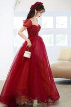 Burgundy tulle sequins long prom dress evening dress