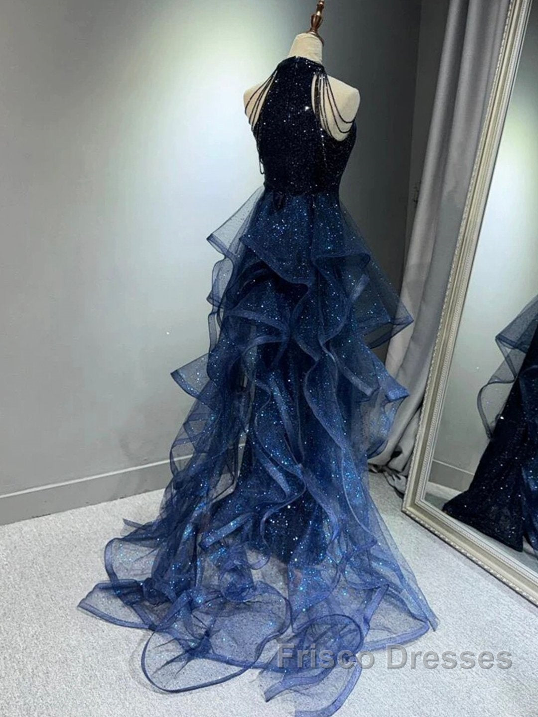 Navy Blue Sequins Long Formal Prom Party Dress Secondary image