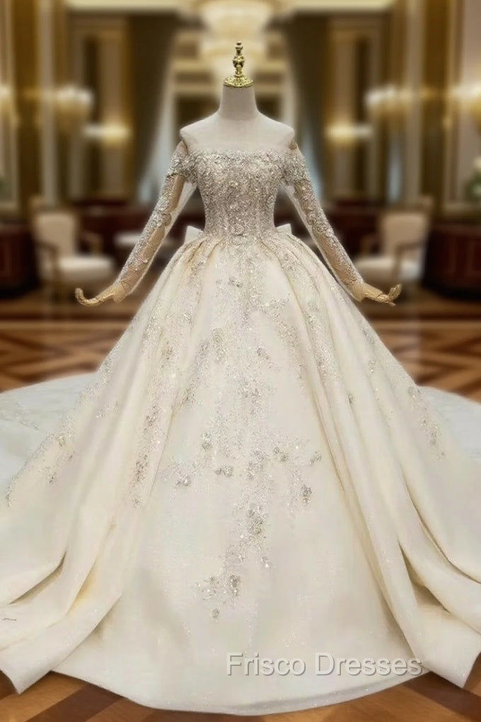 Find All Of The Latest Styles Champagne Ball Gown Tulle Off the Shoulder Long Sleeve Beading Wedding Dress