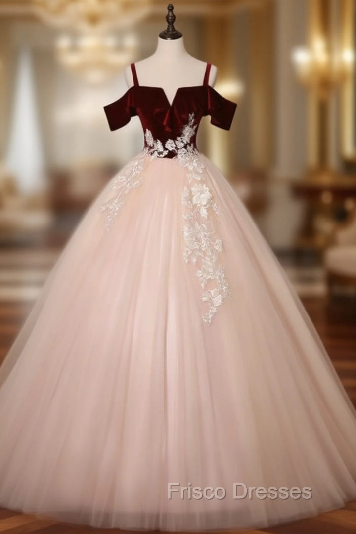 Find Your Dress For Formal Prom! Burgundy Velvet Pink Tulle Spagehtti Straps Appliques Quinceanera Dress