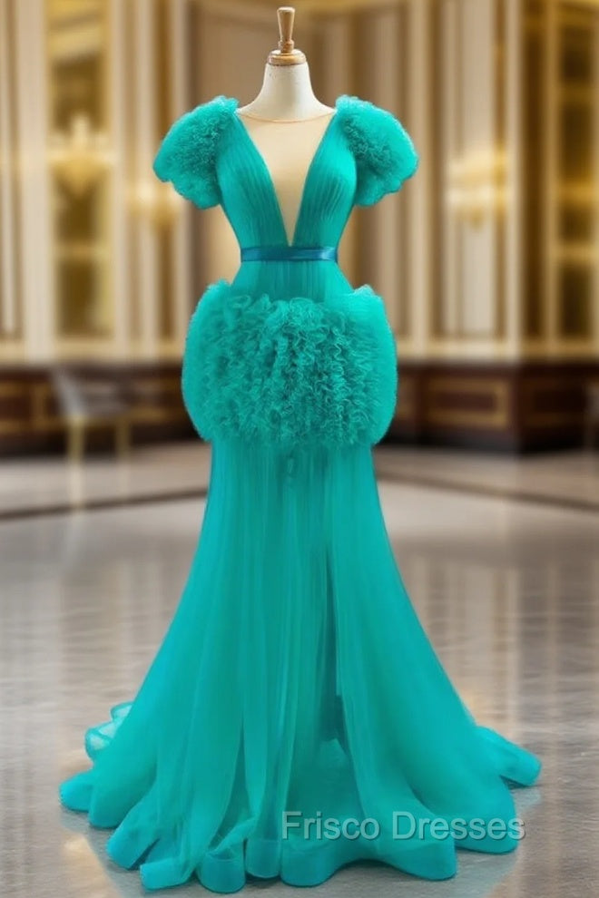 Find Your Dress For Formal Prom! Green Mermaid Tulle Reffuls Pleats Long Formal Prom Dress Main image