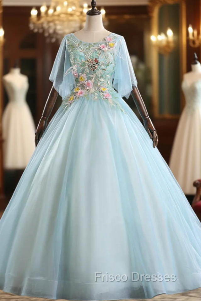 Find Your Dress For Formal Prom! Light Blue Ball Gown Tulle Short Sleeve Appliques Quinceanera Dress