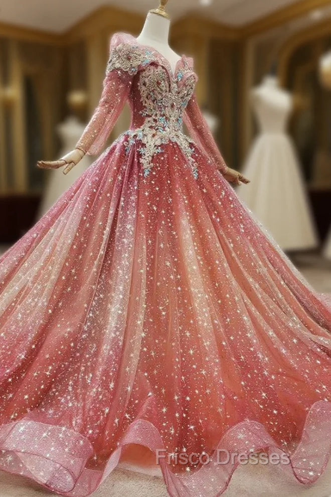 Fit Your Body Type Red Ball Gown Tulle Sequins Long Sleeve Beading Crystal Wedding Dress Main image