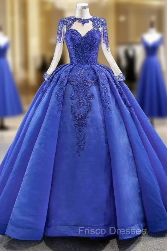 Fit Your Body Type Royal Blue Ball Gown Organza Beading Long Sleeve Formal Prom Dress Main image