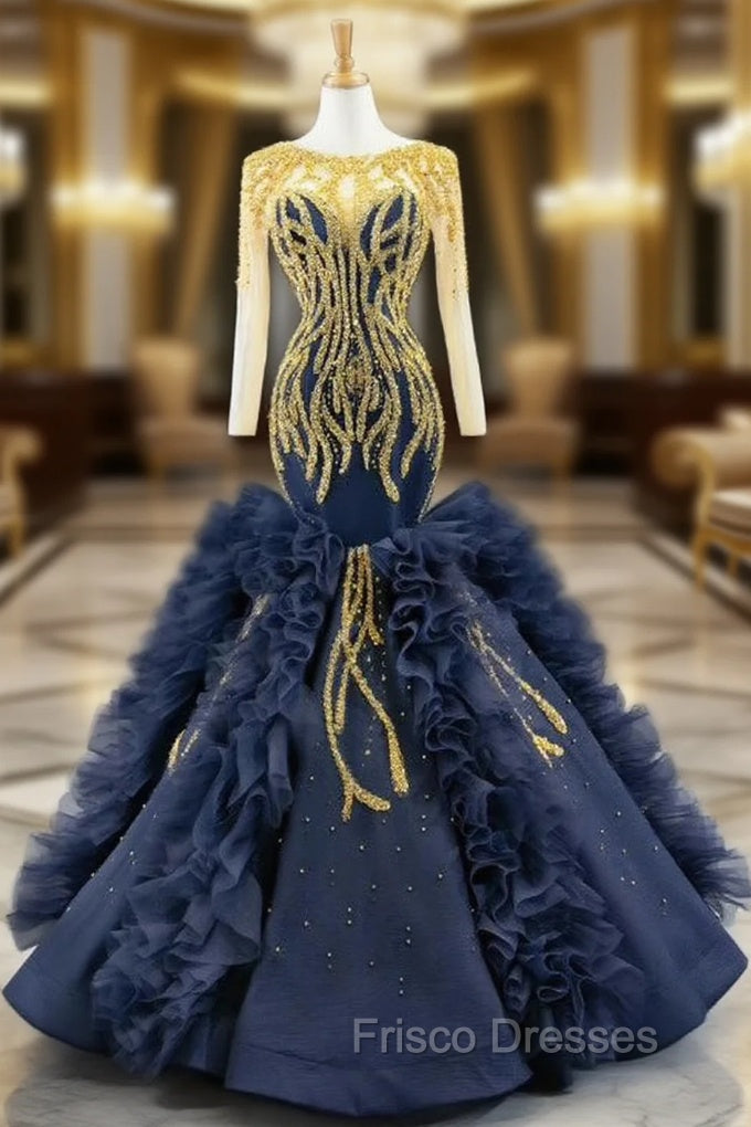Fit Your Fashion Sense Navy Blue Mermaid Long Sleeve Satin Tulle Beading Formal Prom Dress Main image