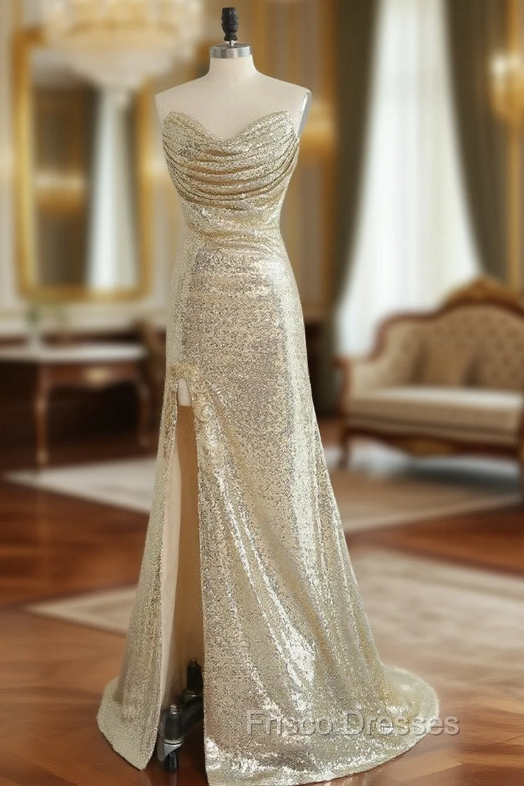 Fitted Light Gold Sexy High Split Formal Prom Dress Mermaid Sweetheart