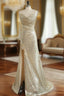 Fitted Light Gold Sexy High Split Formal Prom Dress Mermaid Sweetheart