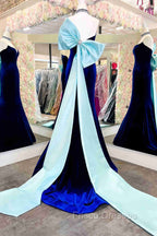 Fitted Mermaid Royal Blue Velvet Formal Prom Dress With Bow