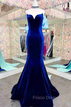 Fitted Mermaid Royal Blue Velvet Formal Prom Dress With Bow