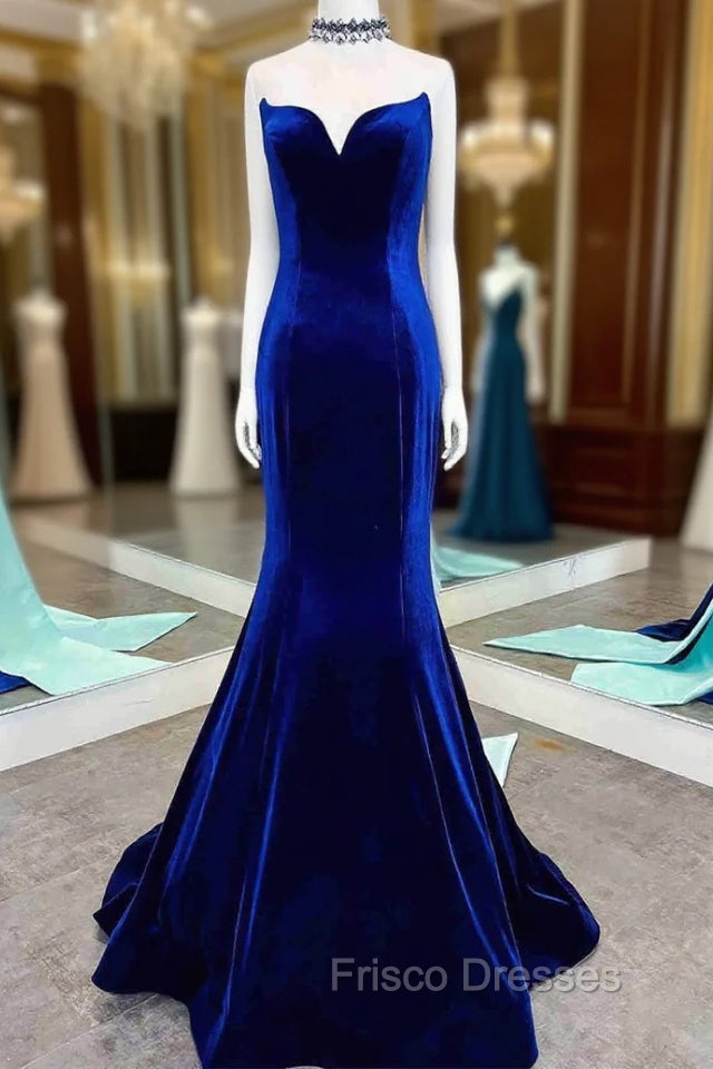 Fitted Mermaid Royal Blue Velvet Formal Prom Dress With Bow