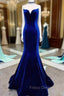 Fitted Mermaid Royal Blue Velvet Formal Prom Dress With Bow