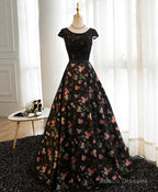 Black Lace Floral Patterns Long Prom Dress, Black Evening Dress