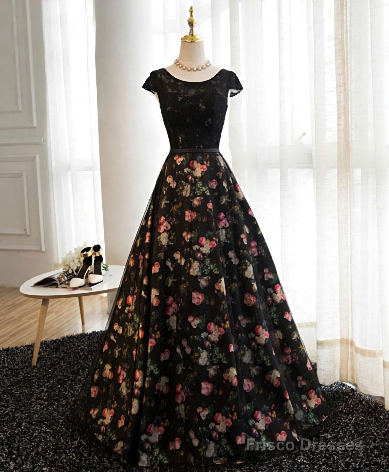 Black Lace Floral Patterns Long Prom Dress, Black Evening Dress