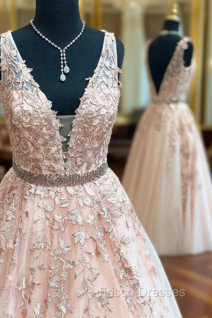 Floor Length Blush Pink Formal Prom Dress With Lace Appliques Main image