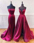 Floor Length Long Satin Burgundy Formal Prom Dress With Split