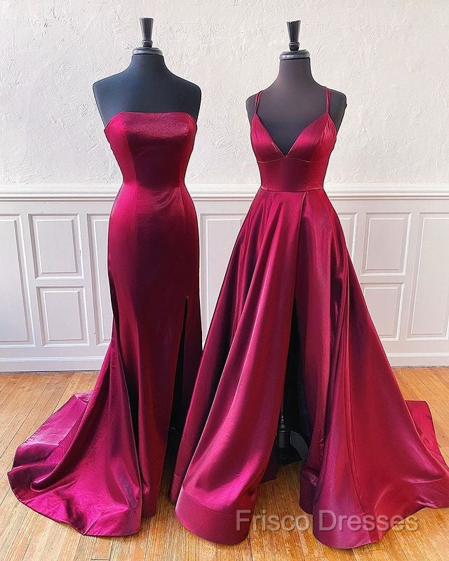 Floor Length Long Satin Burgundy Formal Prom Dress With Split