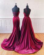 Floor Length Long Satin Burgundy Formal Prom Dress With Split