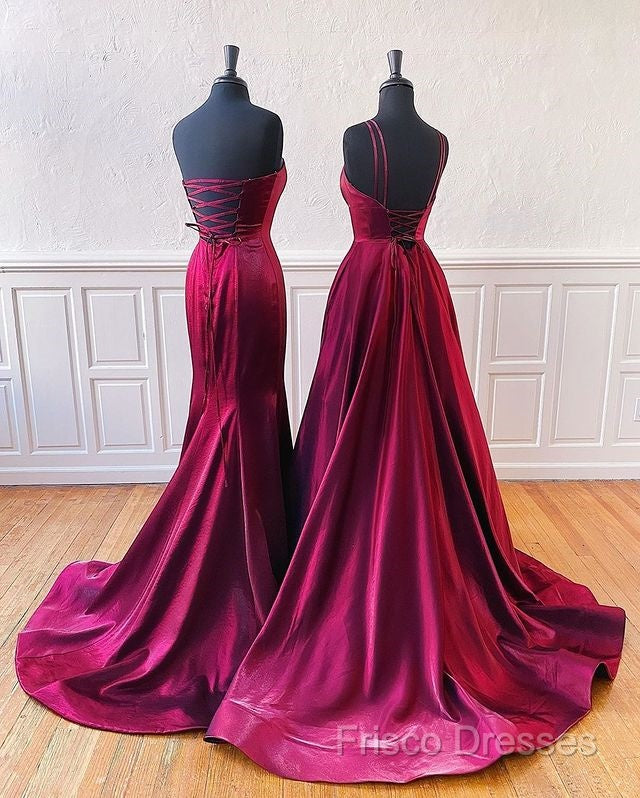 Floor Length Long Satin Burgundy Formal Prom Dress With Split