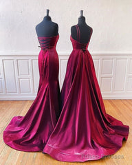 Floor Length Long Satin Burgundy Prom Dresses  With Split