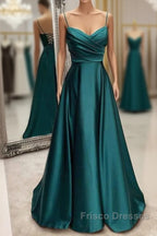 Floor-Length Satin Green Formal Prom Dress A-Line With Pleated
