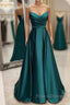 Floor-Length Satin Green Formal Prom Dress A-Line With Pleated