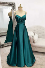 Floor-Length Satin Green Prom Dress A-Line  With Pleated