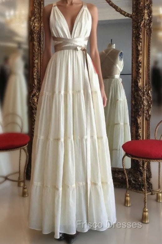 Floor Length Vintage Wedding Dress V-neck Backless With Belt Main image