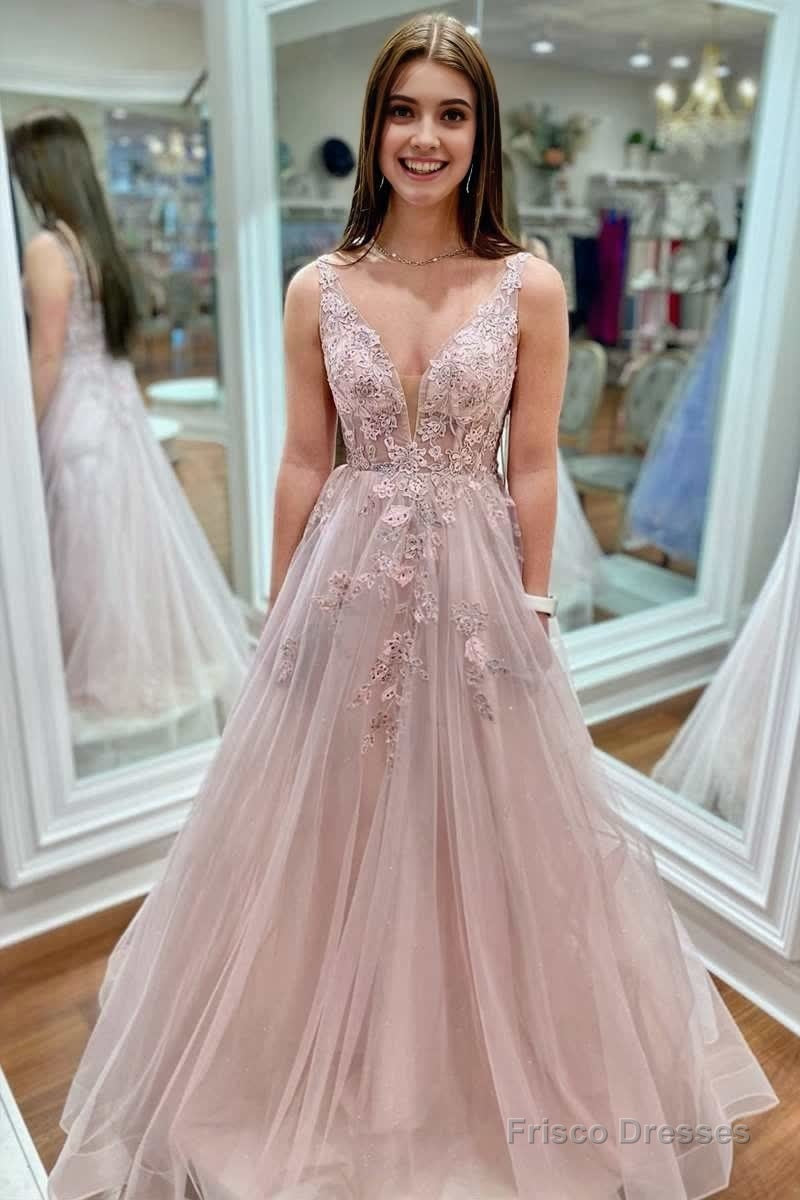 Floral Lace Plunge V Backless A-Line Prom Gown Main image