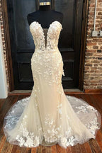 Floral Lace Strapless Mermaid Long Bridal Gown Wedding Dress Off Shoulder