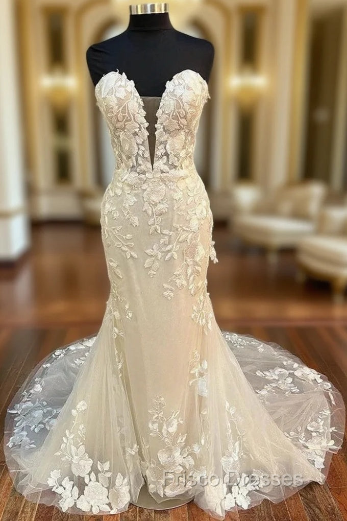 Floral Lace Strapless Mermaid Long Bridal Gown Wedding Dress Off Shoulder Main image