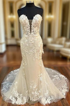 Floral Lace Strapless Mermaid Long Bridal Gown Wedding Dress Off Shoulder