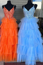 Floral Lace V-Neck Multi-Tiered A-Line Formal Prom Dress