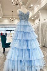 Floral Lace V-Neck Multi-Tiered A-Line Formal Prom Dress