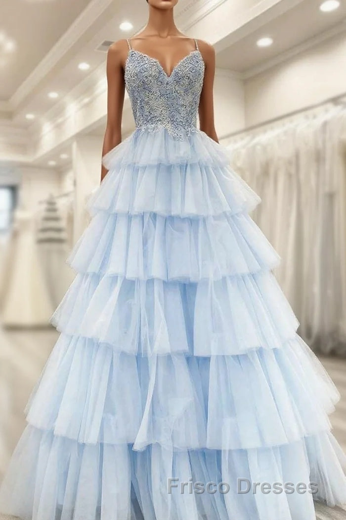 Floral Lace V-Neck Multi-Tiered A-Line Formal Prom Dress Main image