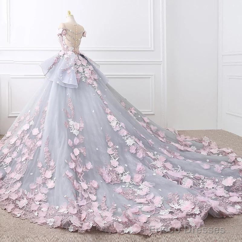 Floral Lace Wedding Dresses Ball Gowns With 3D Flowers