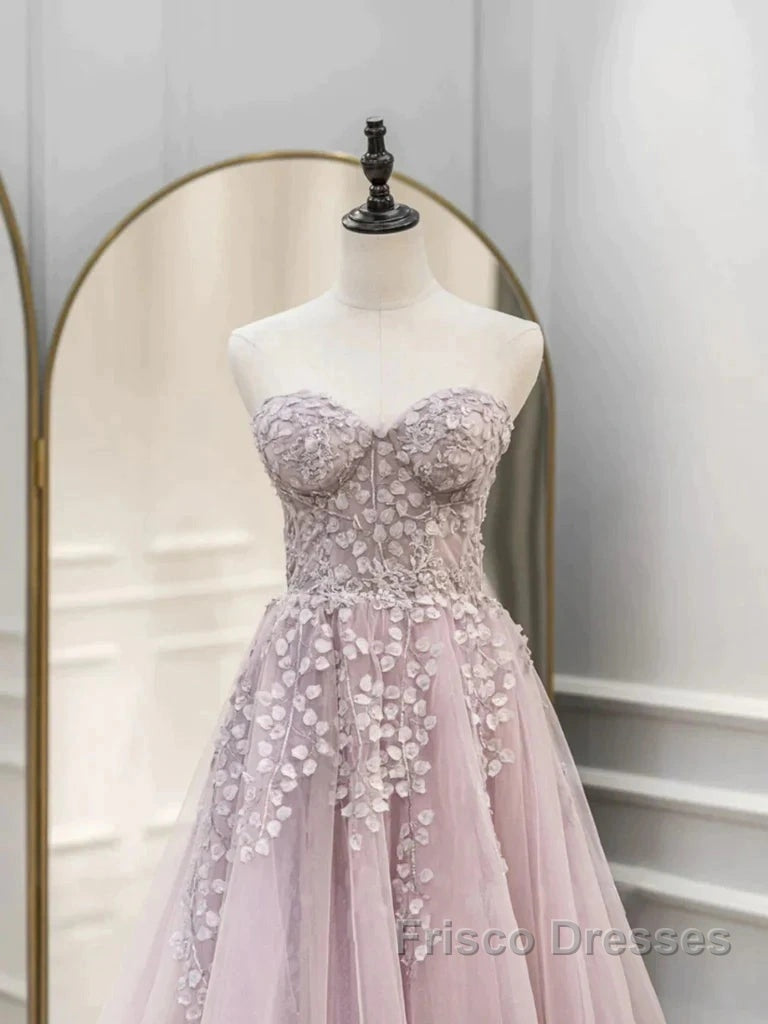 Floral Strapless Pink Lace Appliques Long Formal Prom Dress Secondary image