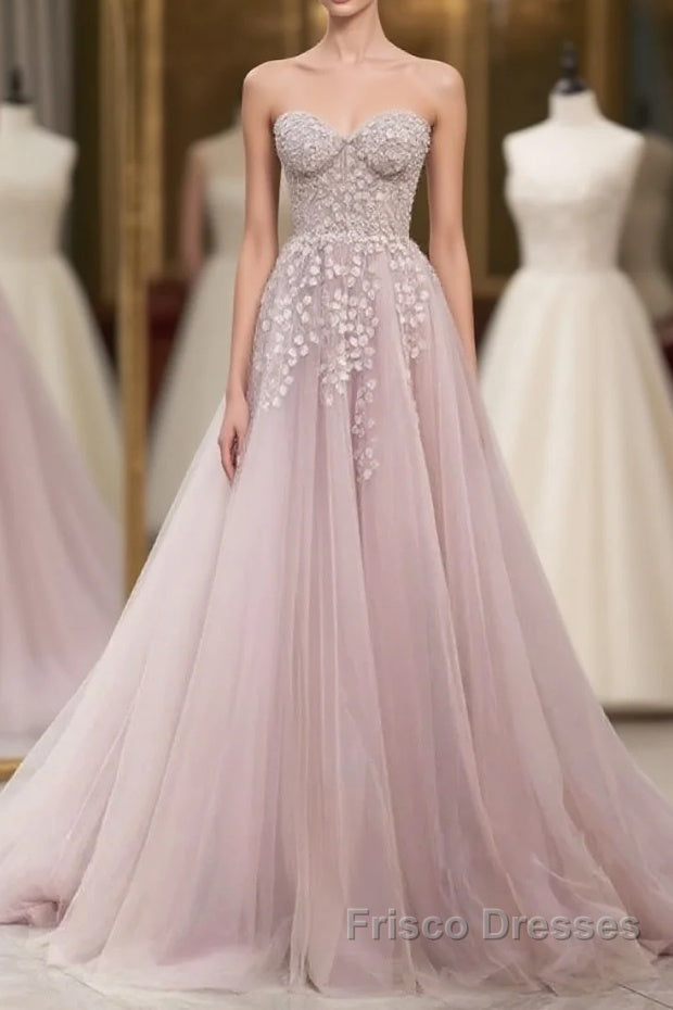 Floral Strapless Pink Lace Appliques Long Formal Prom Dress Main image