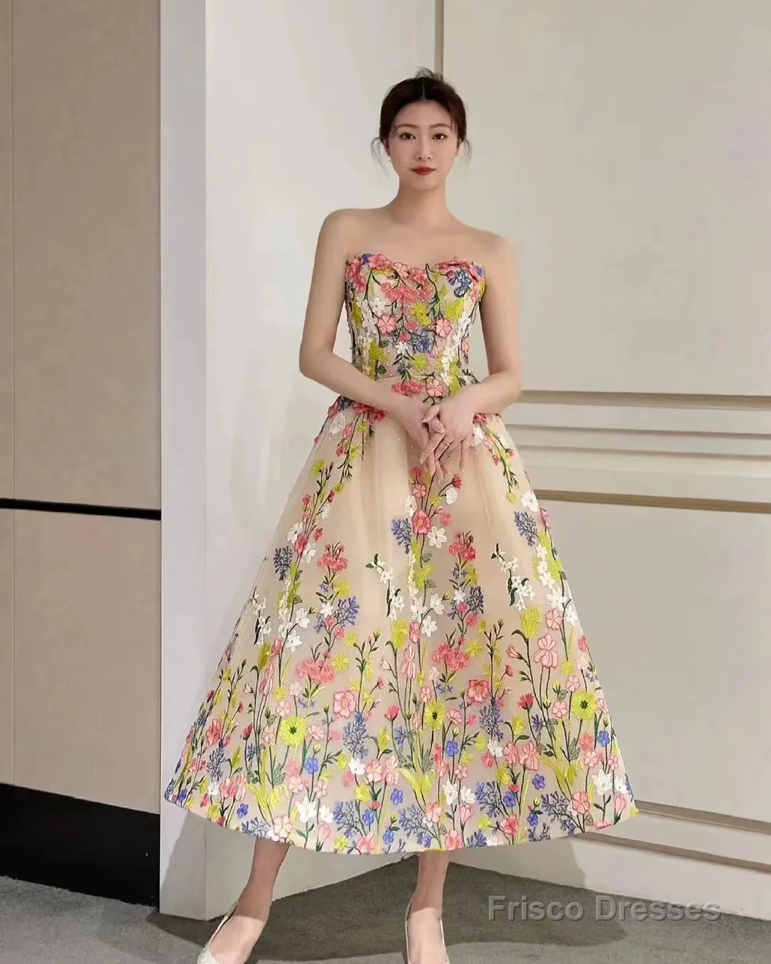 Floral Tea Length Prom Dresses, Elegant A-line Party Dresses, Newest Girl Graduation Dresses, Unique Prom Dresses, Newest Prom Dresses Main image