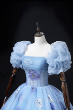Floral Tulle Long Formal Prom Dress, Blue Short Sleeve Evening Dress
