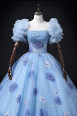 Floral Tulle Long Formal Prom Dress, Blue Short Sleeve Evening Dress