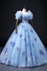 Floral Tulle Long Formal Prom Dress, Blue Short Sleeve Evening Dress
