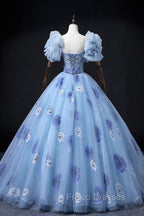 Floral Tulle Long Formal Prom Dress, Blue Short Sleeve Evening Dress