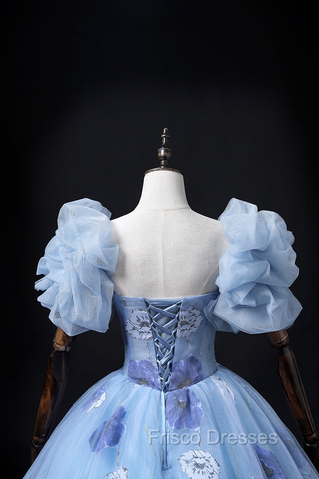 Floral Tulle Long Formal Prom Dress, Blue Short Sleeve Evening Dress