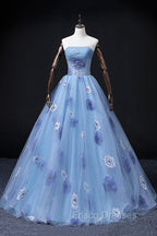 Floral Tulle Long Formal Prom Dress, Blue Short Sleeve Evening Dress