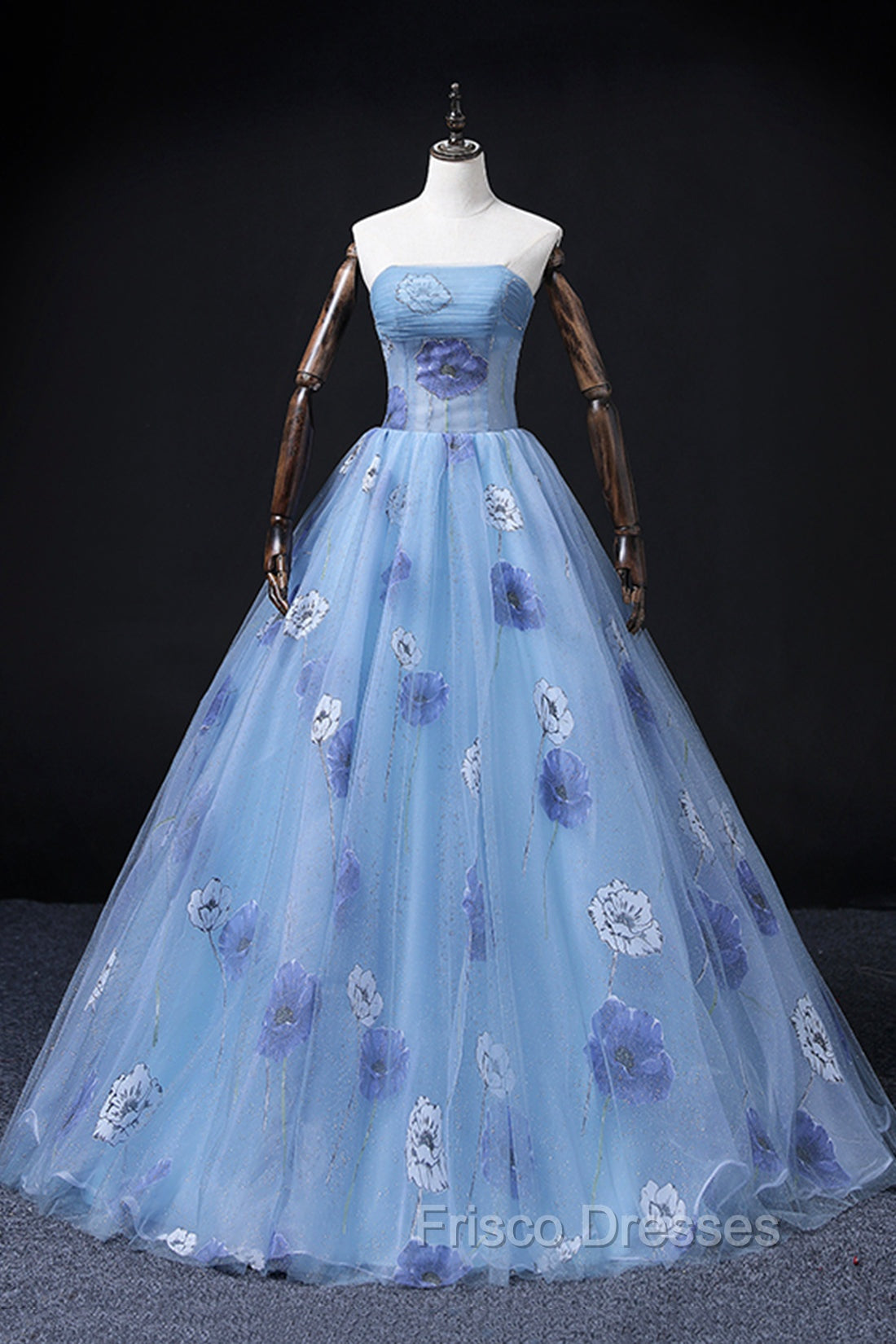 Floral Tulle Long Formal Prom Dress, Blue Short Sleeve Evening Dress