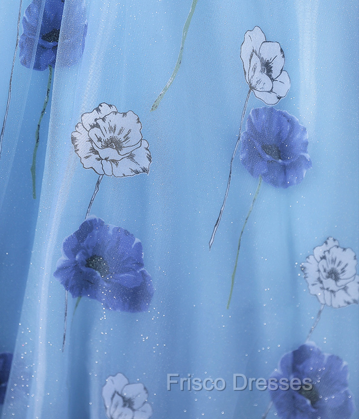 Floral Tulle Long Formal Prom Dress, Blue Short Sleeve Evening Dress
