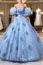 Floral Tulle Long Formal Prom Dress, Blue Short Sleeve Evening Dress